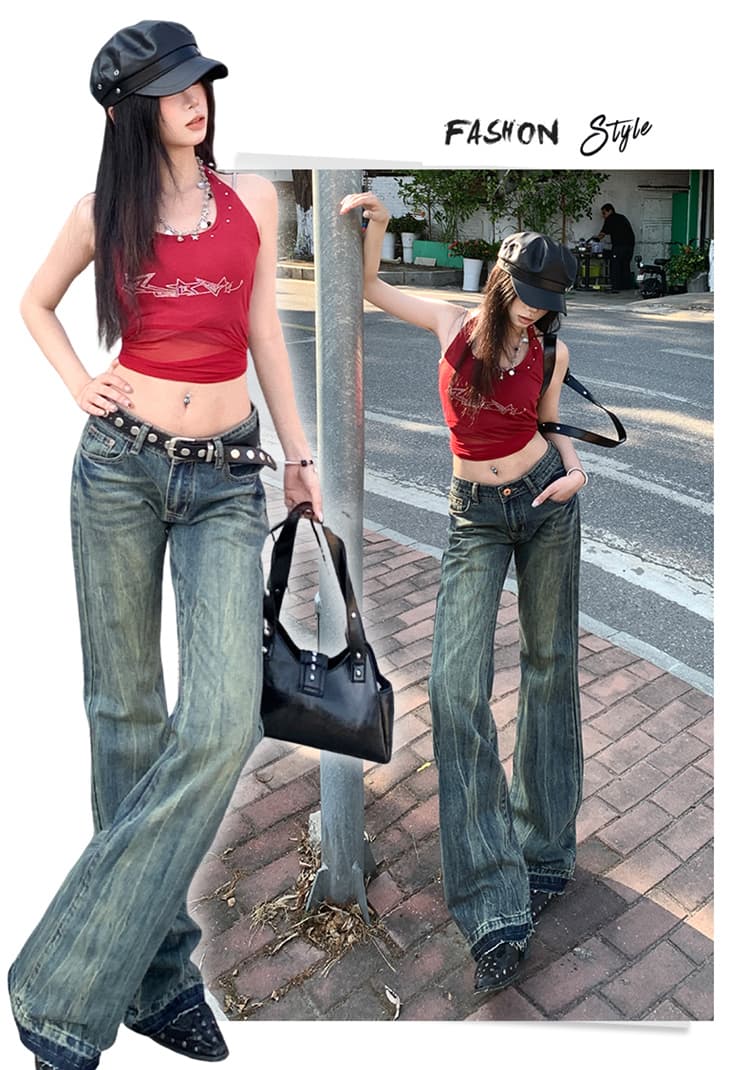실사 레트로 색조 자수 마 오래된 워싱 로우 웨이스트 핫걸 청바지 긴 바지 루즈핏 부츠컷 와이드 레그 팬츠 상세 이미지 2