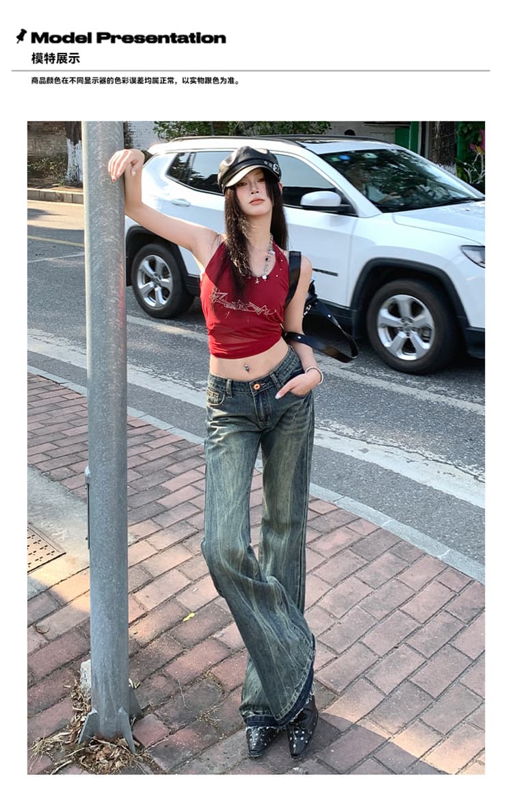 실사 레트로 색조 자수 마 오래된 워싱 로우 웨이스트 핫걸 청바지 긴 바지 루즈핏 부츠컷 와이드 레그 팬츠 상세 이미지 5