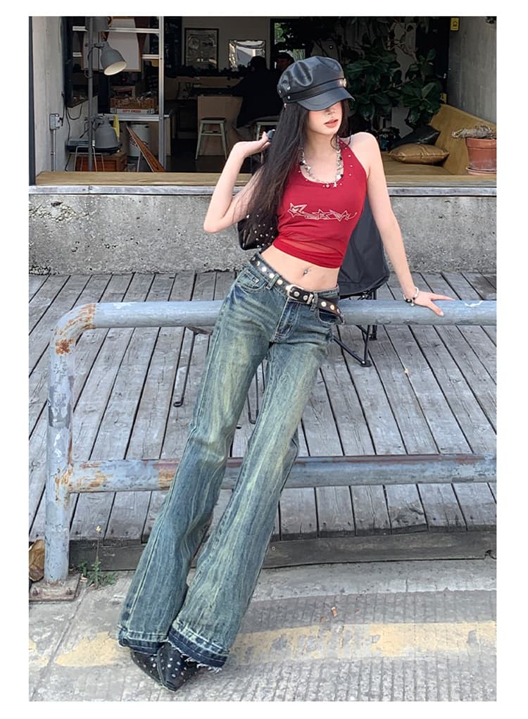 실사 레트로 색조 자수 마 오래된 워싱 로우 웨이스트 핫걸 청바지 긴 바지 루즈핏 부츠컷 와이드 레그 팬츠 상세 이미지 12