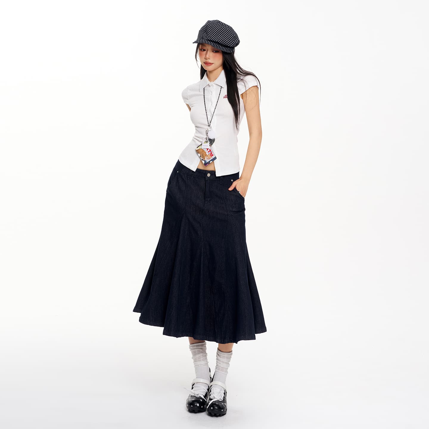 실사 26th ootd 봄 new 원본 암소 색상 레트로 다용도 불규칙 슬림해 보이는 품격 데님 인어 꼬리 스커트 이미지 5