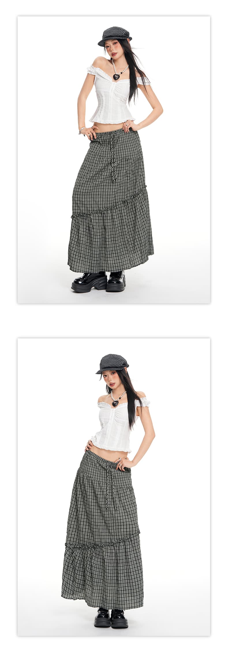 실사 26th ootd 봄 새로운 흑인과 백인 체크무늬 주름 반신 스커트 여성 휴가 소녀 센스 반 스커트 상세 이미지 10