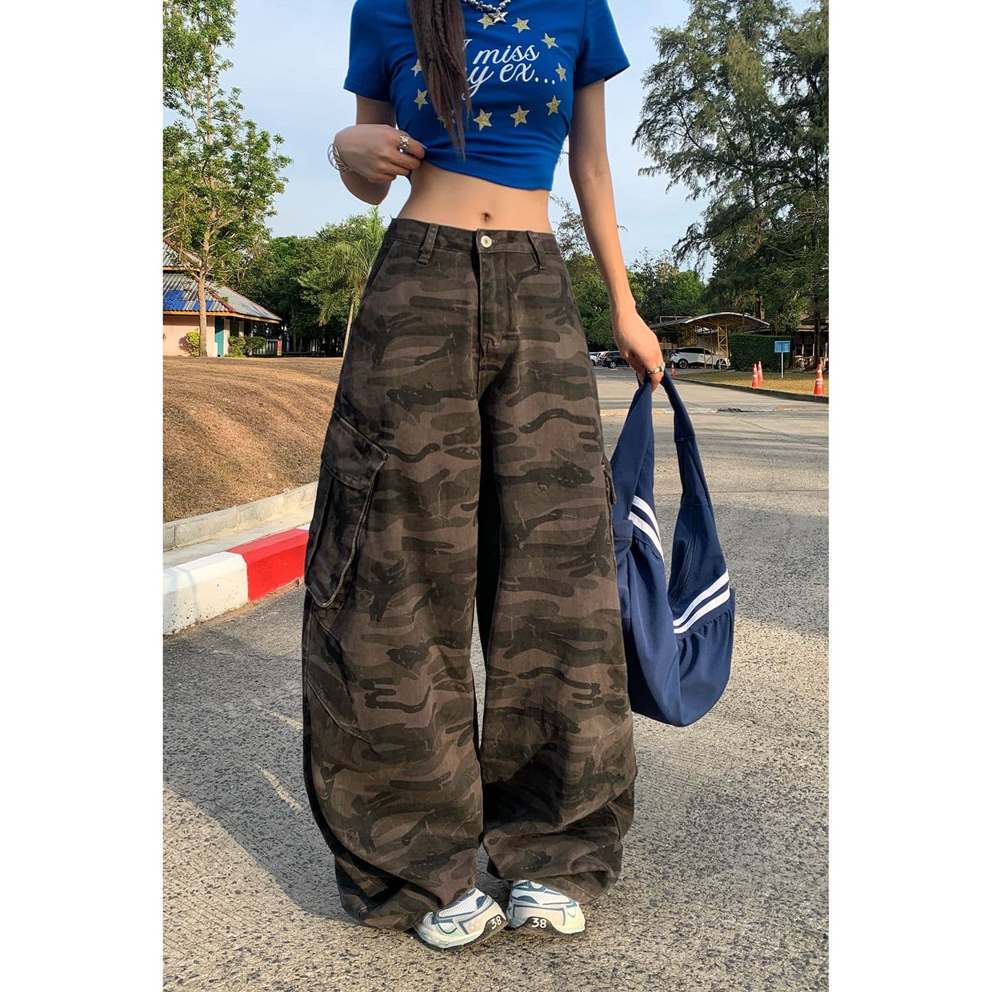 실사 아메리칸 레트로 루즈핏 와이드 레그 팬츠 카모플라주 모통이 칼 바지 다용도 도루 센스 워크웨어 팬츠 청바지 여성 이미지 3