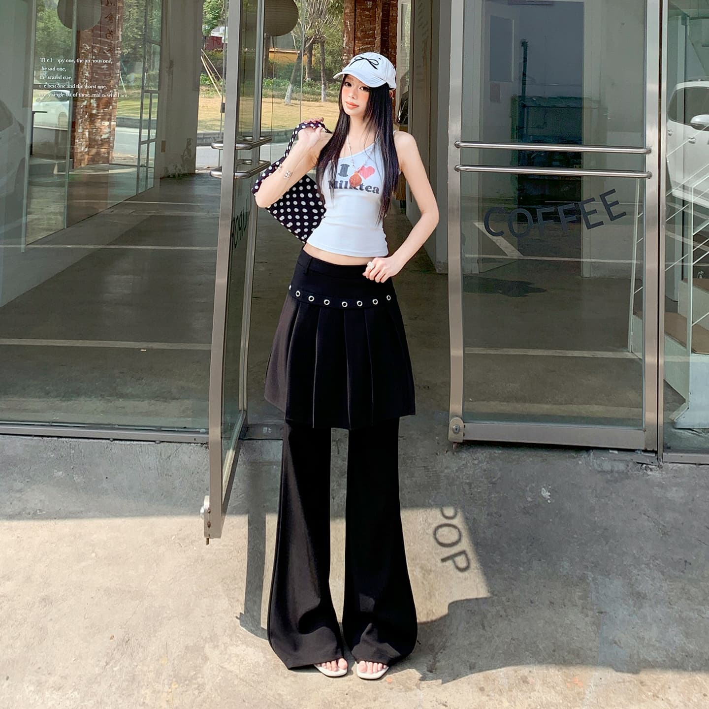 실사 26th ootd 아메리칸 레트로 플리츠 치마바지 페이크 레이어드 디자인 센스 개성 정장 랩스커트팬츠 롱 바지 이미지 3