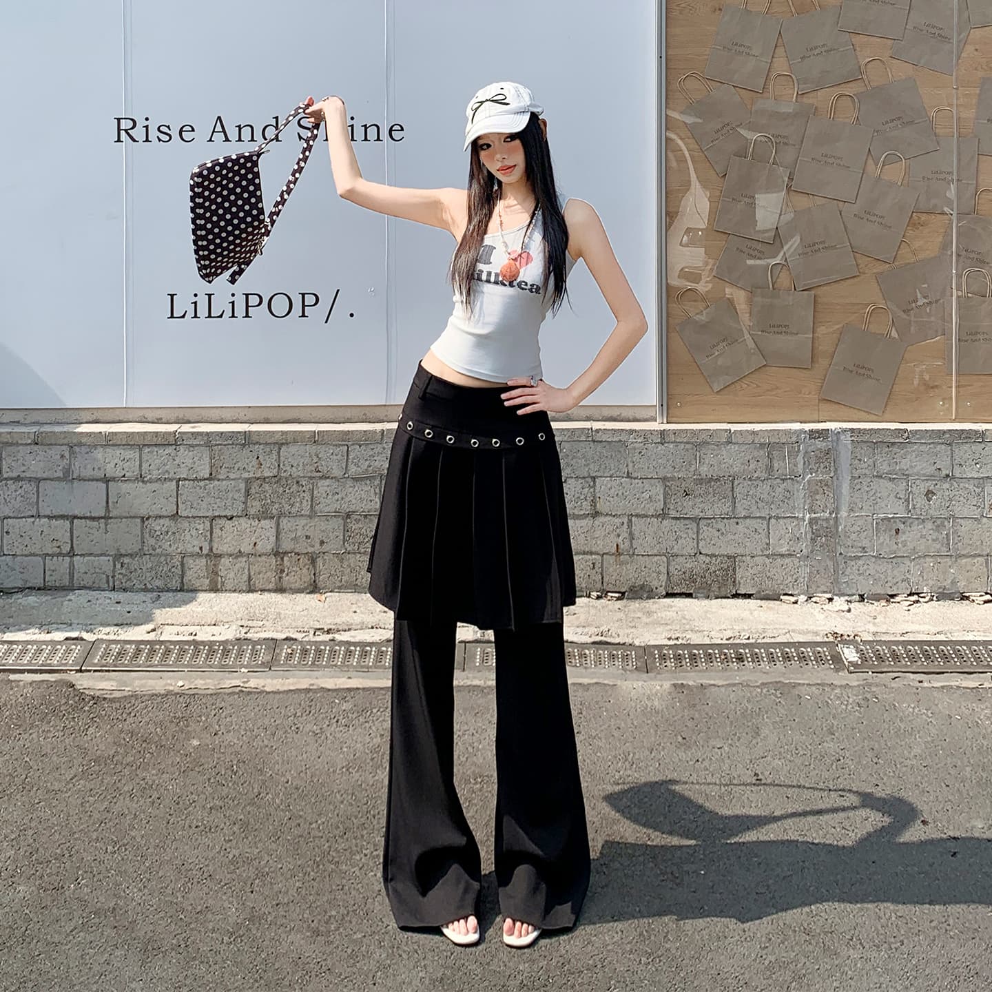 실사 26th ootd 아메리칸 레트로 플리츠 치마바지 페이크 레이어드 디자인 센스 개성 정장 랩스커트팬츠 롱 바지