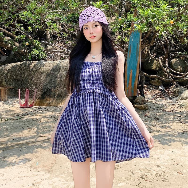 실사 레트로 체크무늬 둘 착용 튜브탑 조끼 스커트 한 마디 캐주얼 반신 스커트 여성 이미지 5