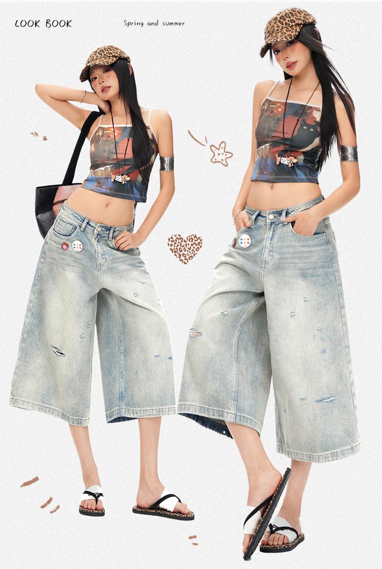 실사 26th ootd 아메리칸 거리 바람 찢어진 부분 레트로 7부 바지 남녀 같은 단락 루즈핏 넓은 다리 청바지 상세 이미지 3