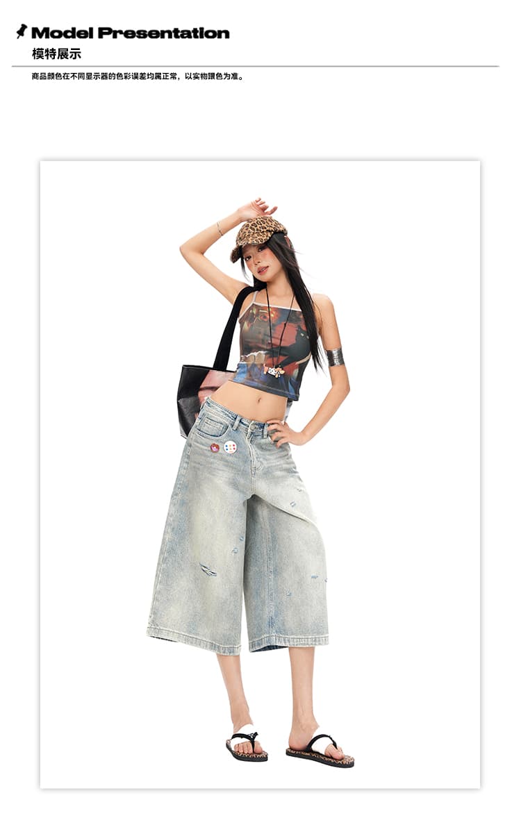 실사 26th ootd 아메리칸 거리 바람 찢어진 부분 레트로 7부 바지 남녀 같은 단락 루즈핏 넓은 다리 청바지 상세 이미지 6