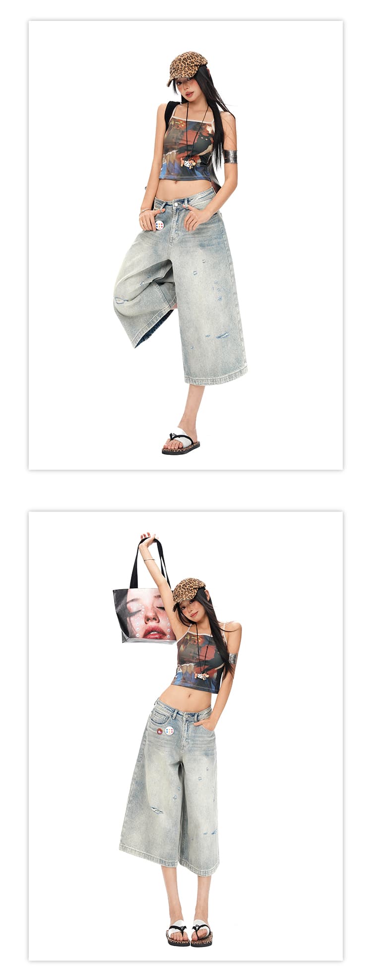 실사 26th ootd 아메리칸 거리 바람 찢어진 부분 레트로 7부 바지 남녀 같은 단락 루즈핏 넓은 다리 청바지 상세 이미지 7