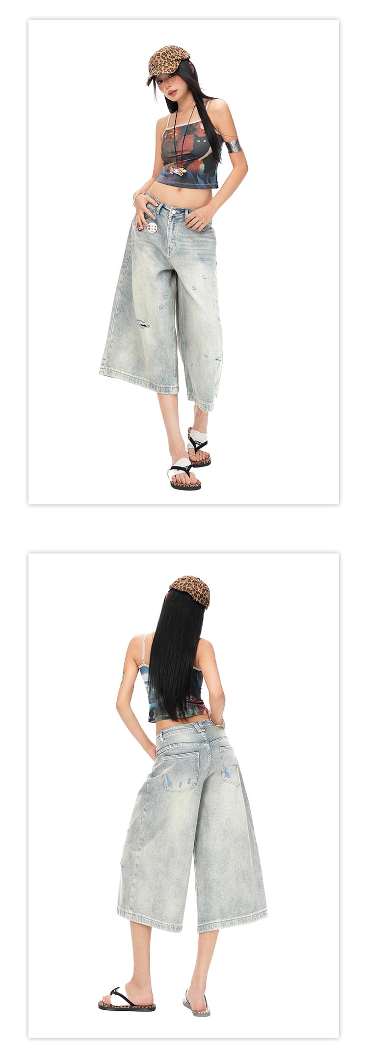 실사 26th ootd 아메리칸 거리 바람 찢어진 부분 레트로 7부 바지 남녀 같은 단락 루즈핏 넓은 다리 청바지 상세 이미지 12