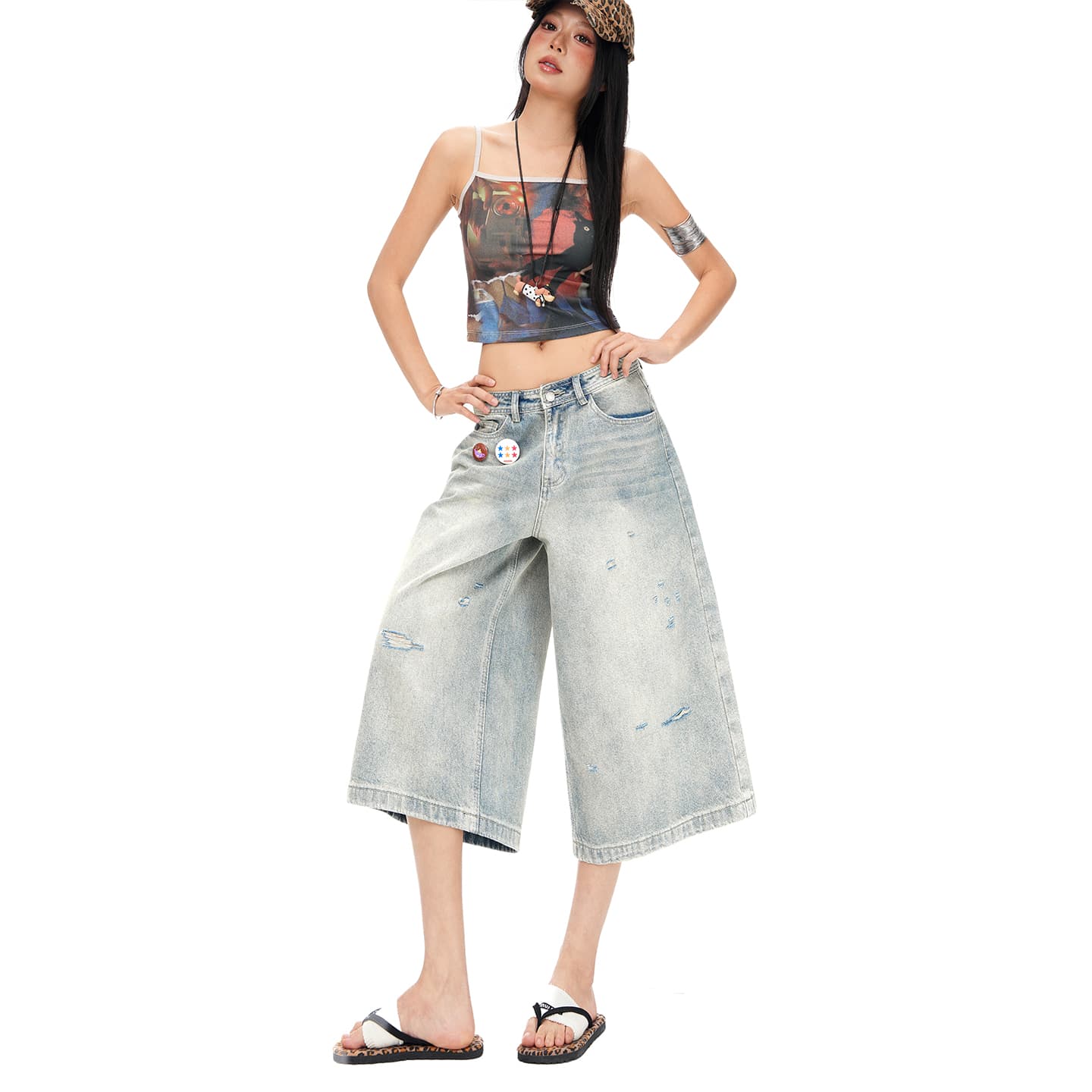 실사 26th ootd 아메리칸 거리 바람 찢어진 부분 레트로 7부 바지 남녀 같은 단락 루즈핏 넓은 다리 청바지 이미지 4