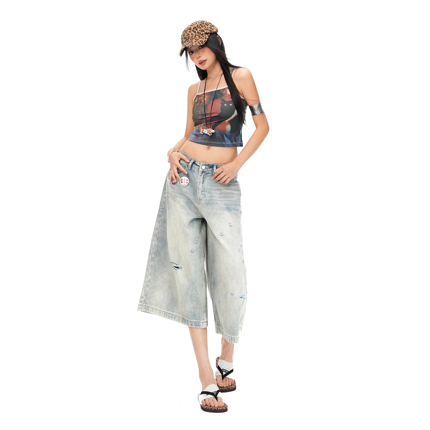 실사 26th ootd 아메리칸 거리 바람 찢어진 부분 레트로 7부 바지 남녀 같은 단락 루즈핏 넓은 다리 청바지