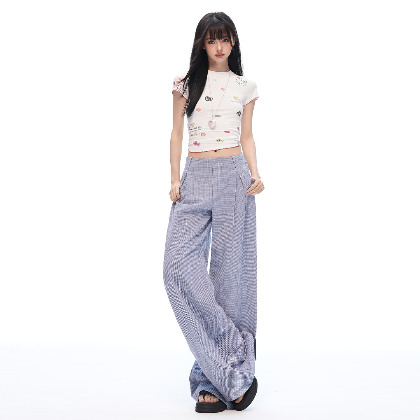 실사 느긋한 여름 오래된 돈 바람 안개 블루 체크무늬 스트레이트 와이드 레깅스 바지 명중 Pleat 통기성 한 마디 프로필 모양 캐주얼 바지 이미지 2