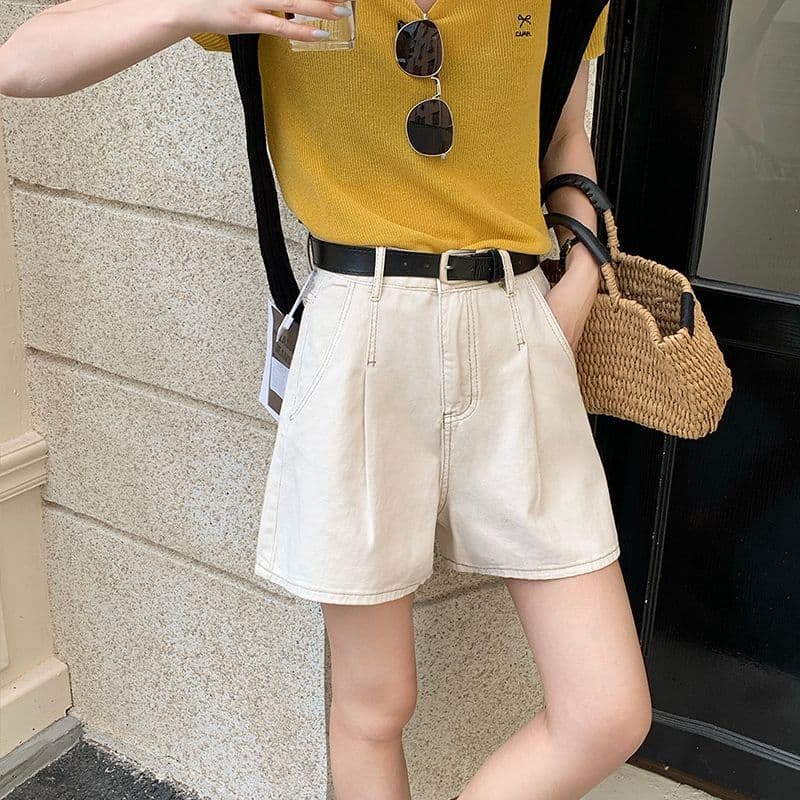 실사 데님 반바지 여성 검정색 수신 Pleat 한 마디 반바지 선물 벨트 이미지 2