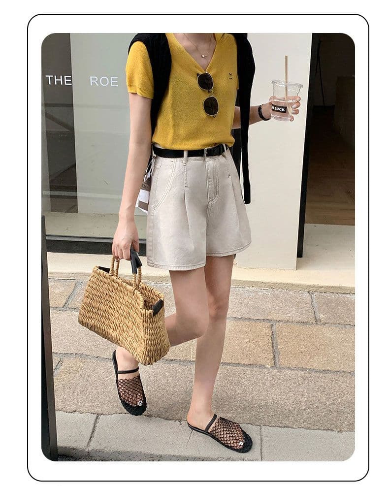 실사 데님 반바지 여성 검정색 수신 Pleat 한 마디 반바지 선물 벨트 상세 이미지 5