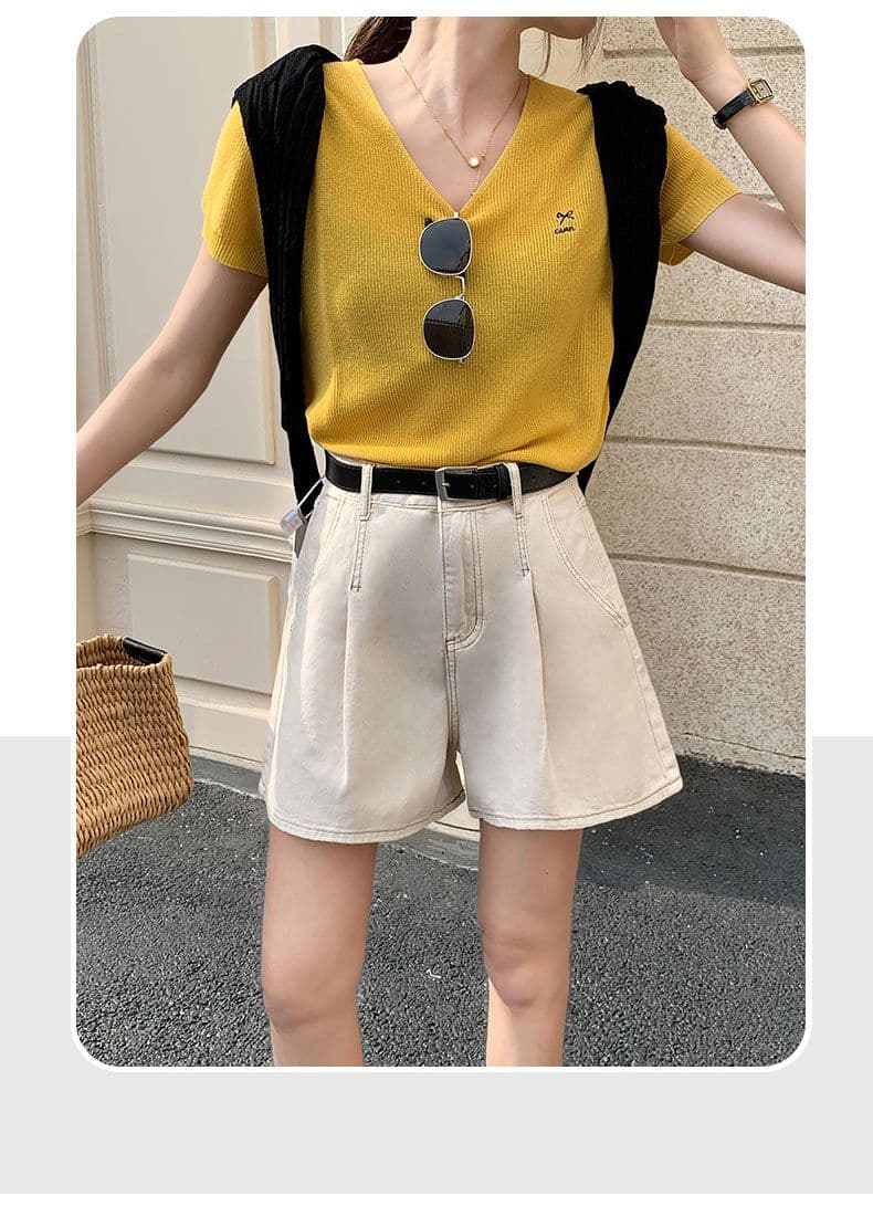 실사 데님 반바지 여성 검정색 수신 Pleat 한 마디 반바지 선물 벨트 상세 이미지 7
