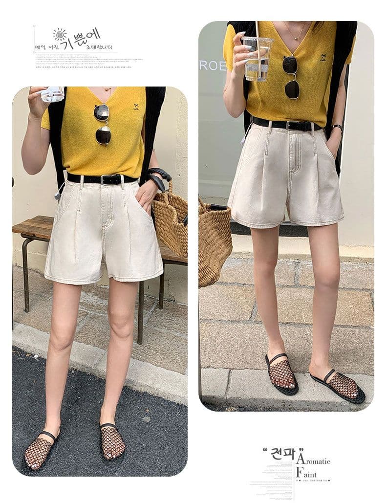 실사 데님 반바지 여성 검정색 수신 Pleat 한 마디 반바지 선물 벨트 상세 이미지 8