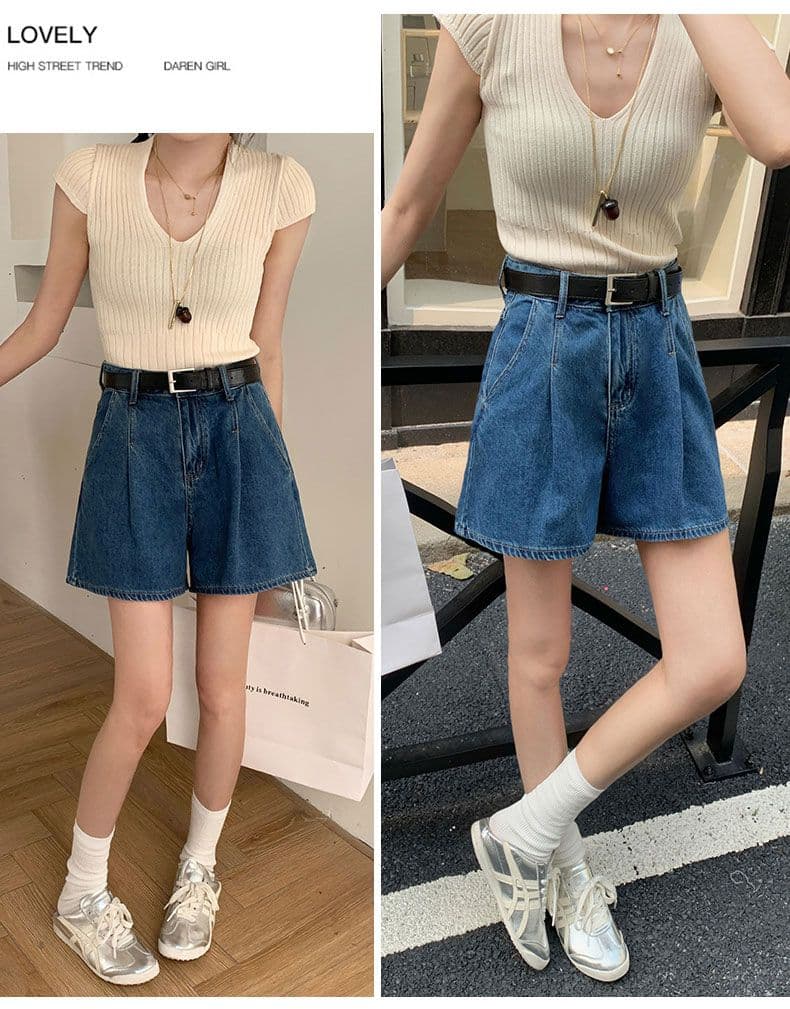 실사 데님 반바지 여성 검정색 수신 Pleat 한 마디 반바지 선물 벨트 상세 이미지 12