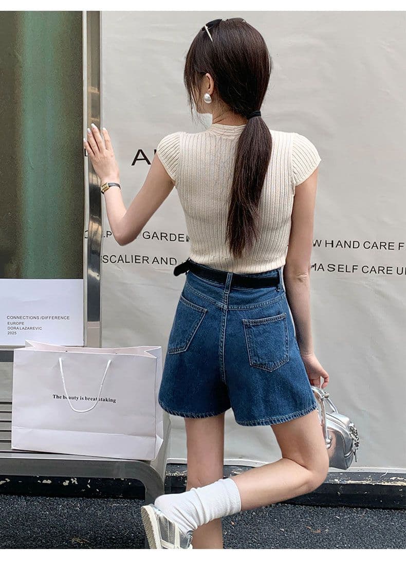 실사 데님 반바지 여성 검정색 수신 Pleat 한 마디 반바지 선물 벨트 상세 이미지 13