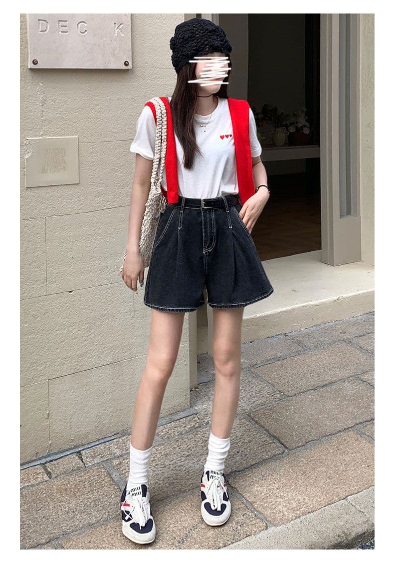 실사 데님 반바지 여성 검정색 수신 Pleat 한 마디 반바지 선물 벨트 상세 이미지 14