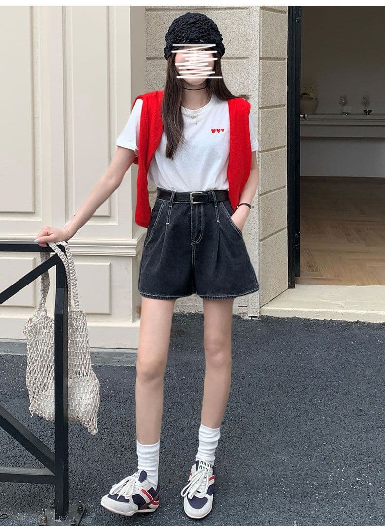 실사 데님 반바지 여성 검정색 수신 Pleat 한 마디 반바지 선물 벨트 상세 이미지 15