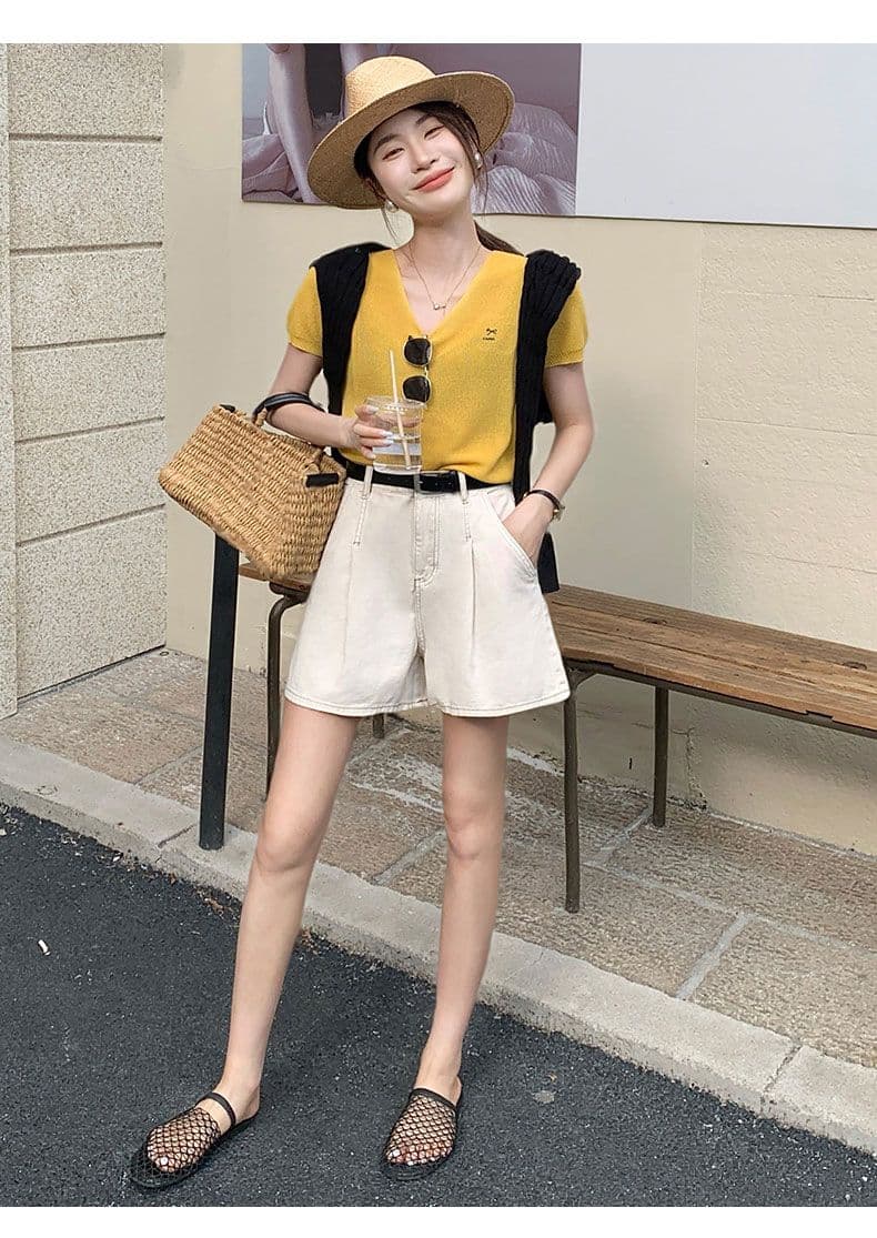 실사 데님 반바지 여성 검정색 수신 Pleat 한 마디 반바지 선물 벨트 상세 이미지 17