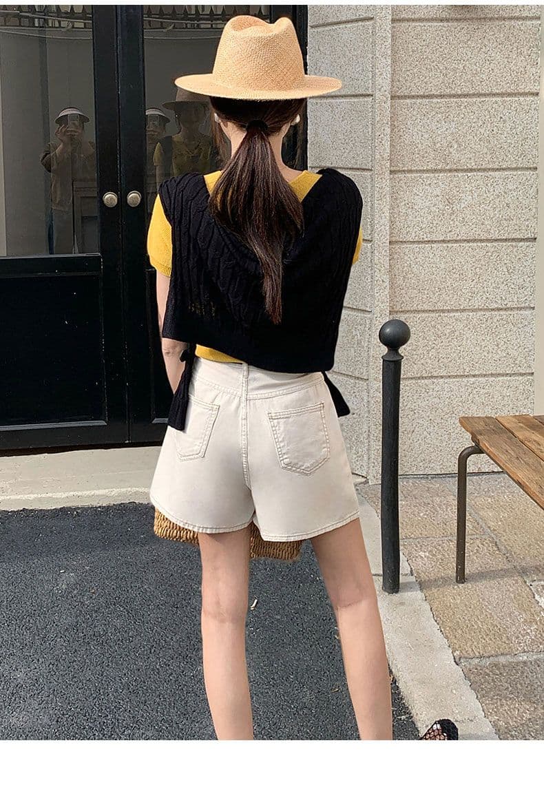 실사 데님 반바지 여성 검정색 수신 Pleat 한 마디 반바지 선물 벨트 상세 이미지 19