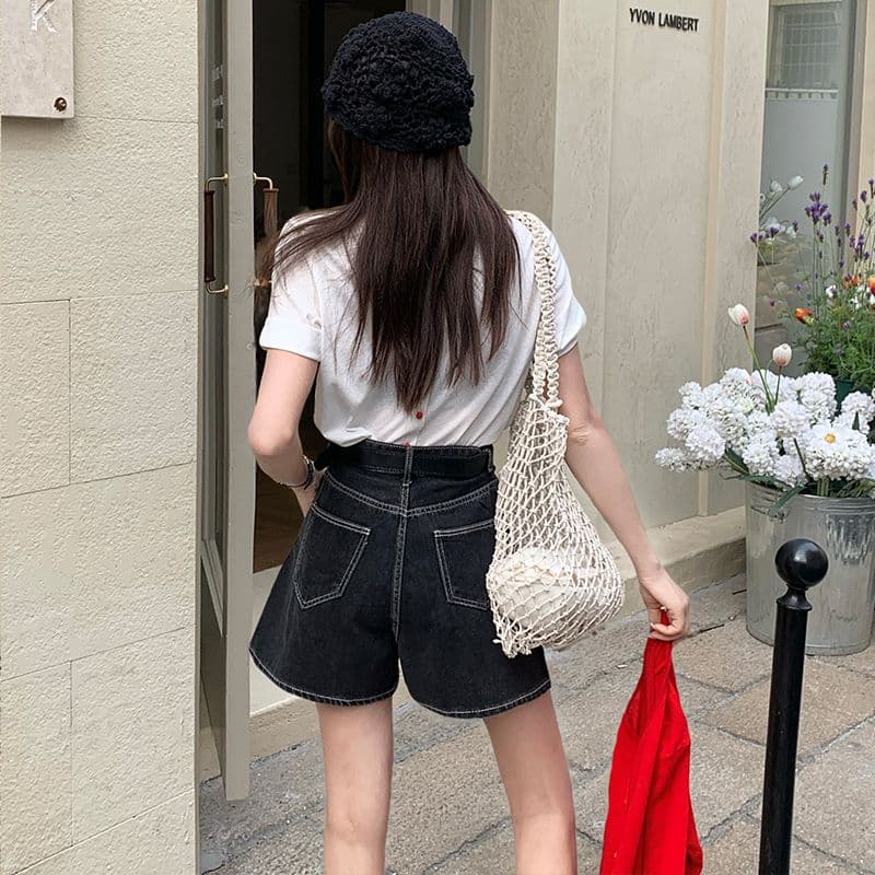 실사 데님 반바지 여성 검정색 수신 Pleat 한 마디 반바지 선물 벨트 이미지 4