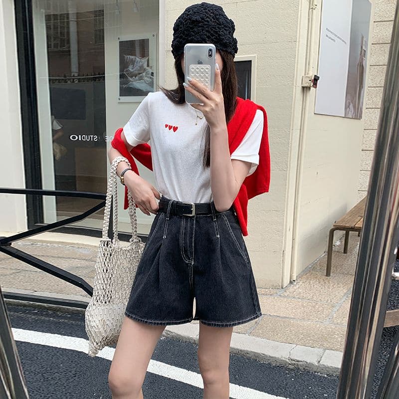 실사 데님 반바지 여성 검정색 수신 Pleat 한 마디 반바지 선물 벨트 이미지 3