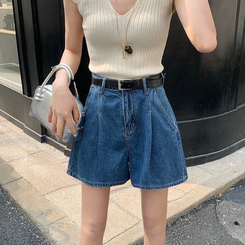 실사 데님 반바지 여성 검정색 수신 Pleat 한 마디 반바지 선물 벨트 이미지 5