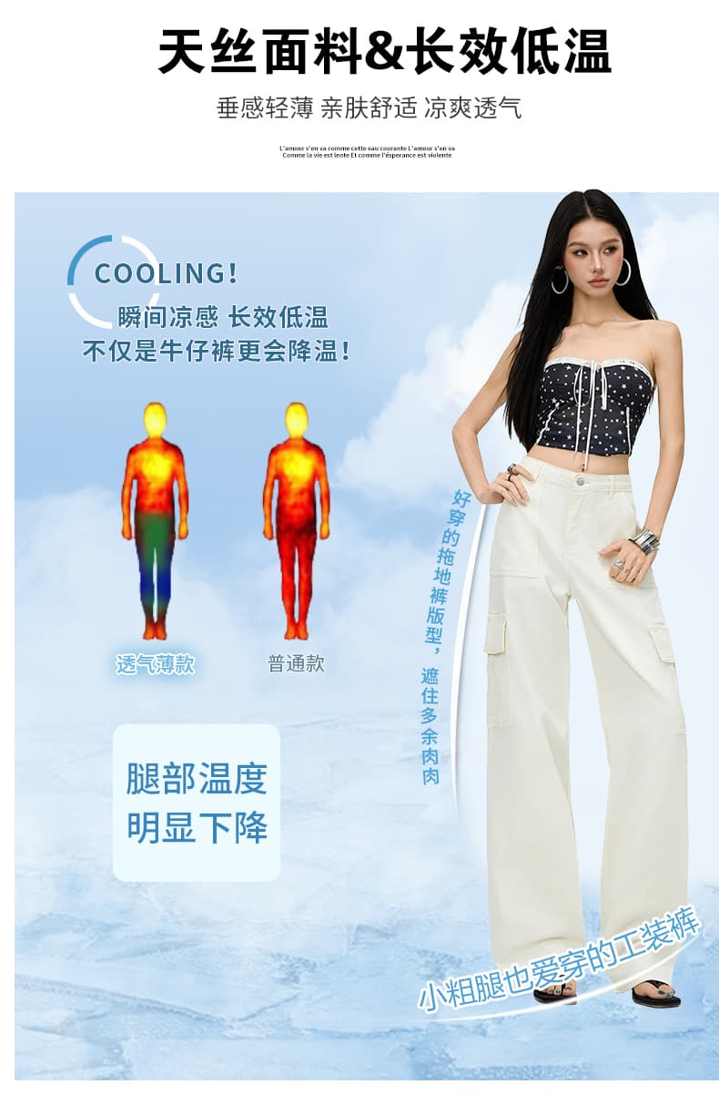 실사 주간 실크 카키 스트레이트 워크웨어 팬츠 데님 여성 여름 얇은 새로운 루즈핏 슬림해 보이는 넓은 다리 신축성 캐주얼 바지 상세 이미지 2