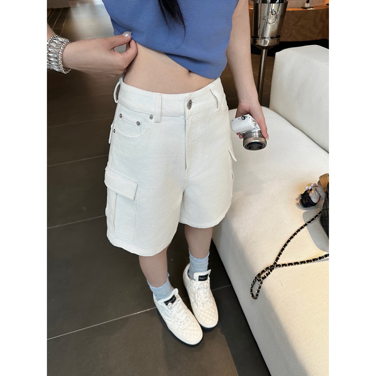 실사 아메리칸 레트로 하이웨이스트 루즈핏 와이드 레그 팬츠 주머니 워크웨어 팬츠 다용도 슬림해 보이는 오부 바지 청바지 여성 이미지 3