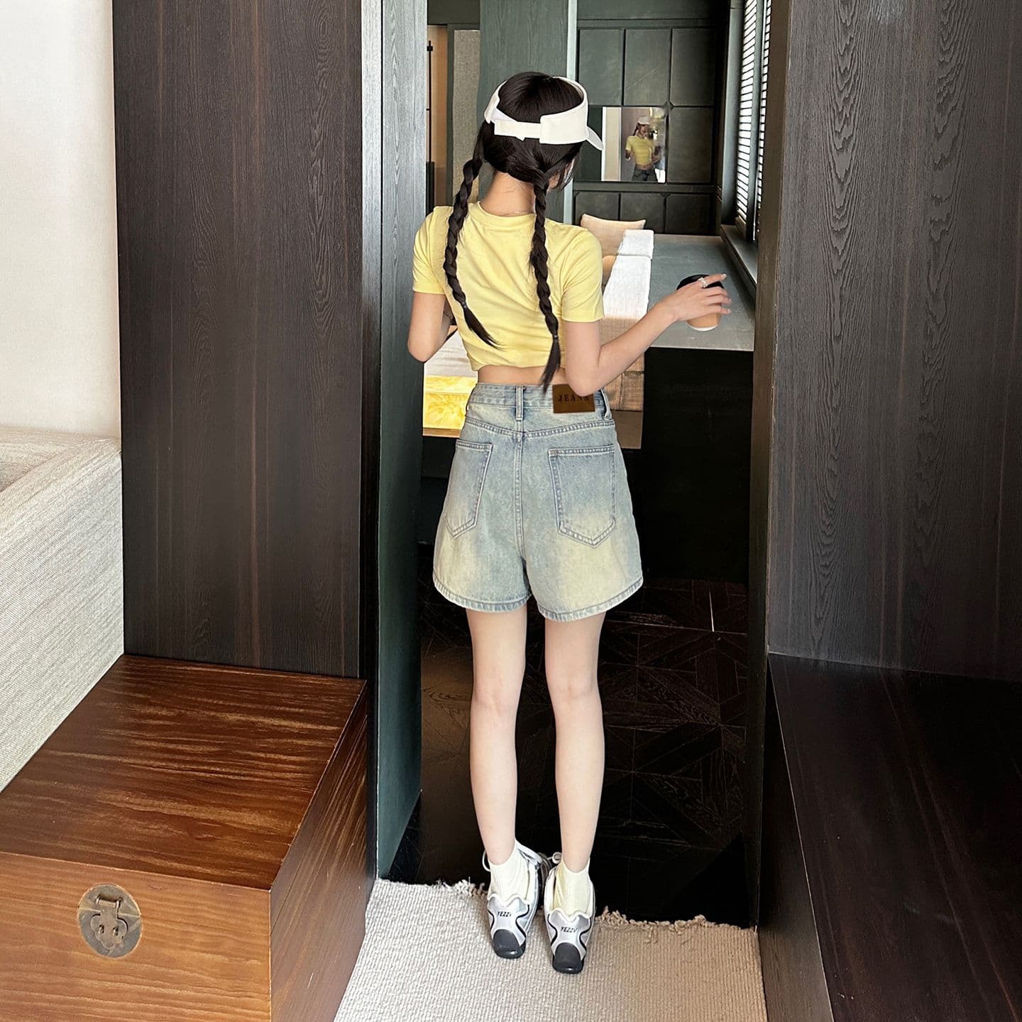 실사 2 색 아메리칸 레트로 하이웨이스트 워싱 노스탤지어 루즈핏 와이드 레그 팬츠 주름 반바지 다용도 청바지 여성 새로운 이미지 4