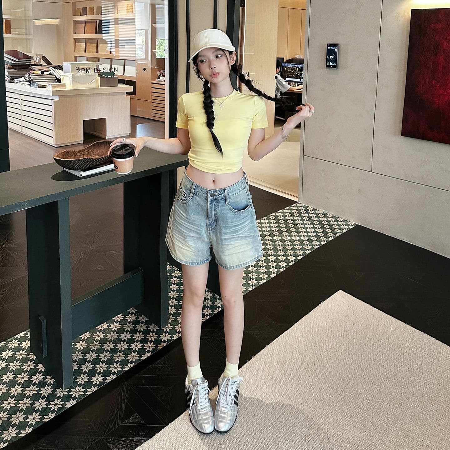 실사 2 색 아메리칸 레트로 하이웨이스트 워싱 노스탤지어 루즈핏 와이드 레그 팬츠 주름 반바지 다용도 청바지 여성 새로운 이미지 5