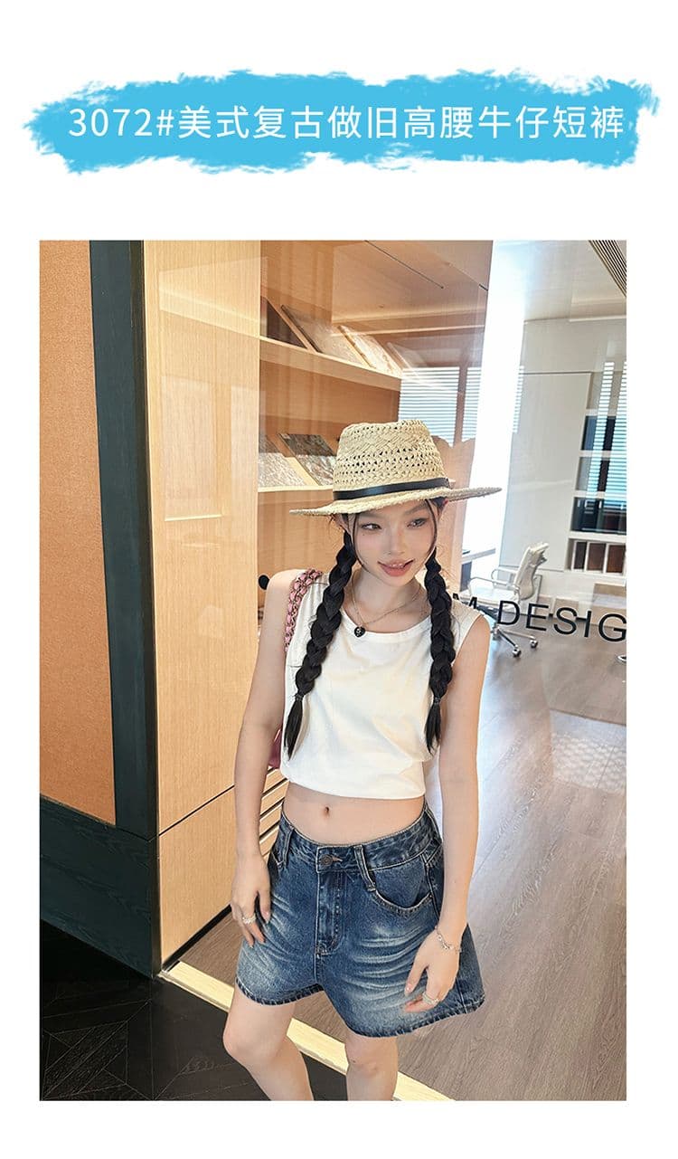 실사 2 색 아메리칸 레트로 하이웨이스트 워싱 노스탤지어 루즈핏 와이드 레그 팬츠 주름 반바지 다용도 청바지 여성 새로운 상세 이미지 2
