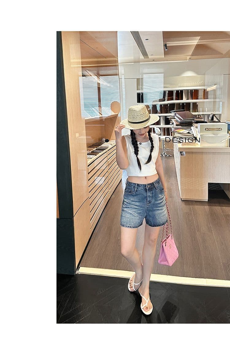 실사 2 색 아메리칸 레트로 하이웨이스트 워싱 노스탤지어 루즈핏 와이드 레그 팬츠 주름 반바지 다용도 청바지 여성 새로운 상세 이미지 12