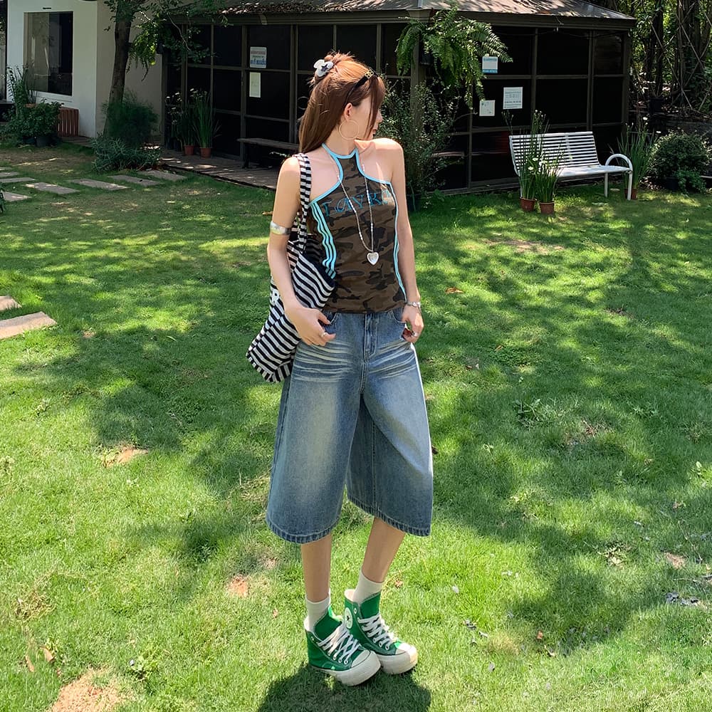 실사 여름 데님 7부 바지 여성 압력 주름 3 차원 고양이 반드시 무거운 작업 워싱 루즈핏 스트레이트 슬림해 보이는 넓은 다리 바지 이미지 2