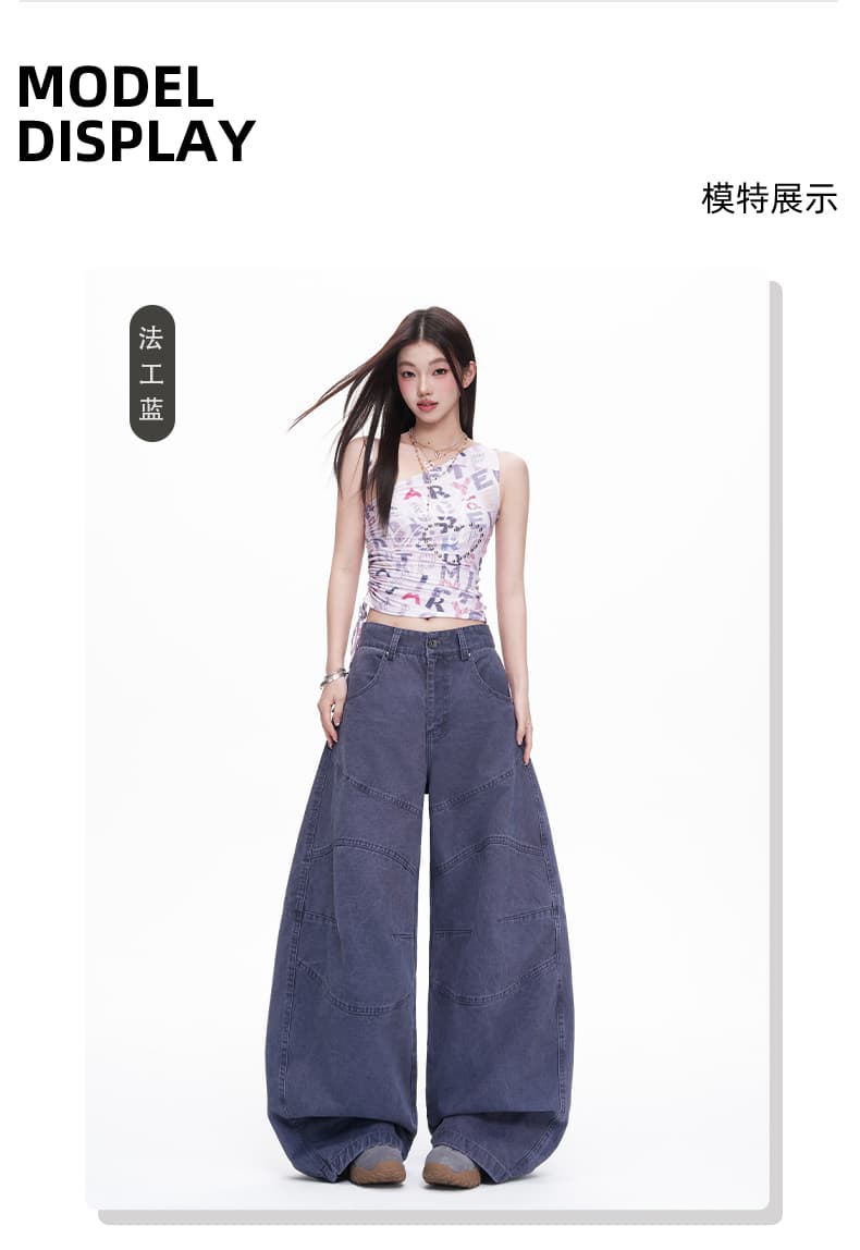 진짜 슈팅 일 블루 프로필 모양 해체 3 차원 루즈핏 캐주얼 모통이 칼 바지 마 오래된 워싱 면 워크웨어 팬츠 여성 상세 이미지 5