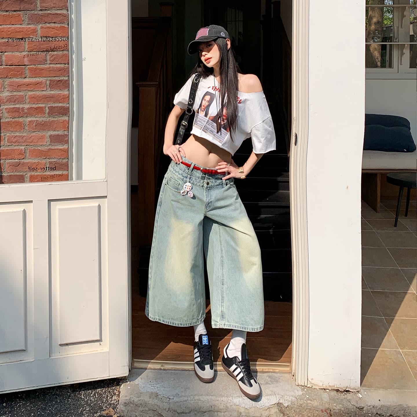 실사 2026 여름 더블 허리 머리 작은 대중 디자인 마 오래된 워싱 데님 바지 넓은 다리가 짧다. 바지