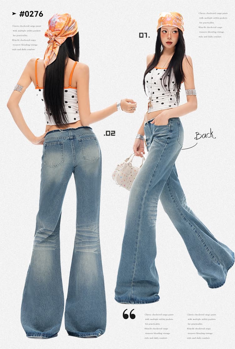 실사 26th ootd 레트로 블루 핫걸 로우 웨이스트 마이크로 나팔 바지 새로운 아니요 막대기 다리 슬림해 보이는 신축성 청바지 상세 이미지 3