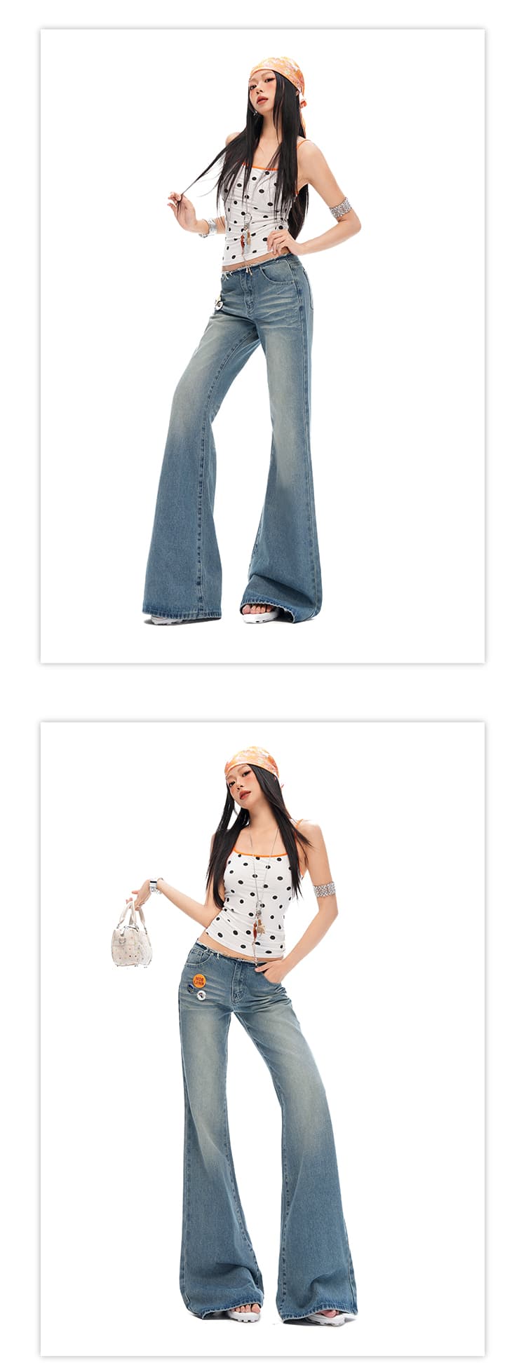 실사 26th ootd 레트로 블루 핫걸 로우 웨이스트 마이크로 나팔 바지 새로운 아니요 막대기 다리 슬림해 보이는 신축성 청바지 상세 이미지 7