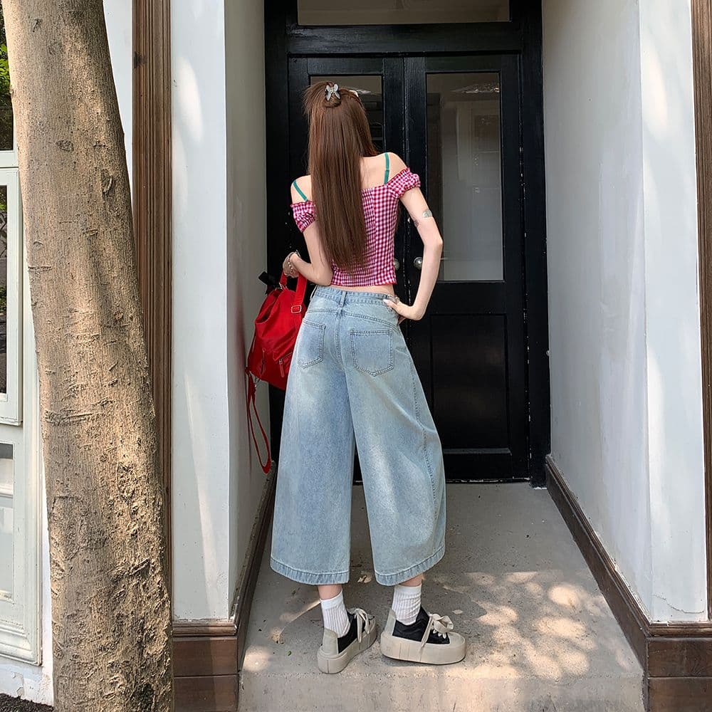 실사 밝은색 7 점 아메리칸 레트로 루즈핏 모통이 칼 청바지 여성 여름 높음 거리 와이드 레그 팬츠 트렌디 이미지 4