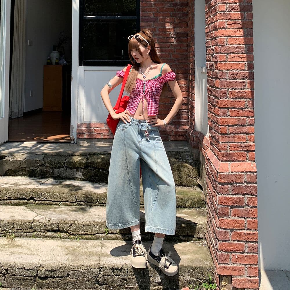 실사 밝은색 7 점 아메리칸 레트로 루즈핏 모통이 칼 청바지 여성 여름 높음 거리 와이드 레그 팬츠 트렌디 이미지 3