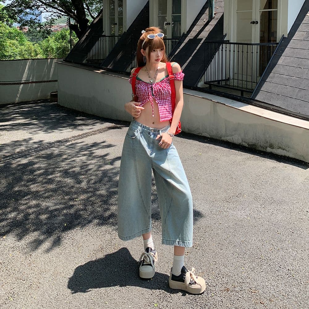 실사 밝은색 7 점 아메리칸 레트로 루즈핏 모통이 칼 청바지 여성 여름 높음 거리 와이드 레그 팬츠 트렌디 이미지 5