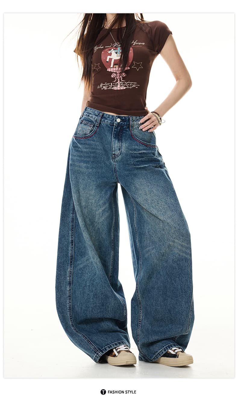 실사 아메리칸 무거운 공예 워시 물 배색 자수 모통이 칼 와이드 레그 팬츠 청바지 여성 상세 이미지 10