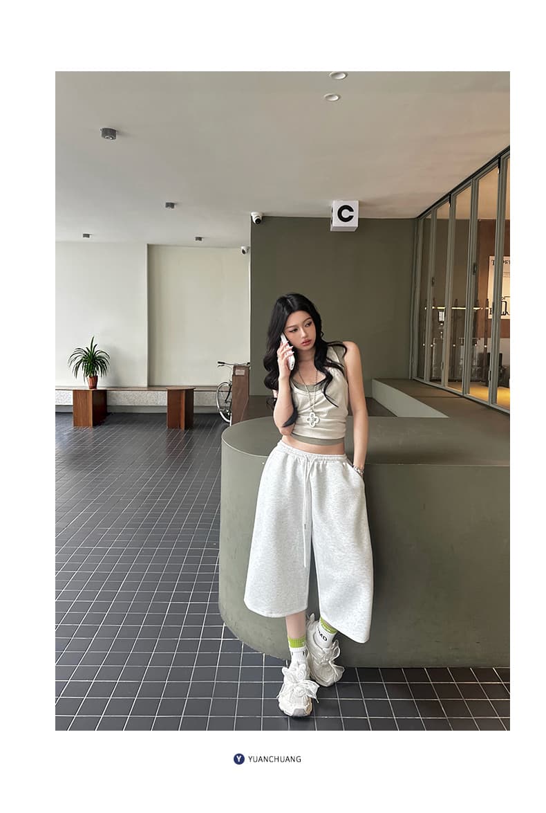 실사 3 색 아메리칸 레트로 펌프 로프 루즈핏 와이드 레그 팬츠 느긋한 다용도 허리밴드 7 점 여름 캐주얼 바지 여성 상세 이미지 11