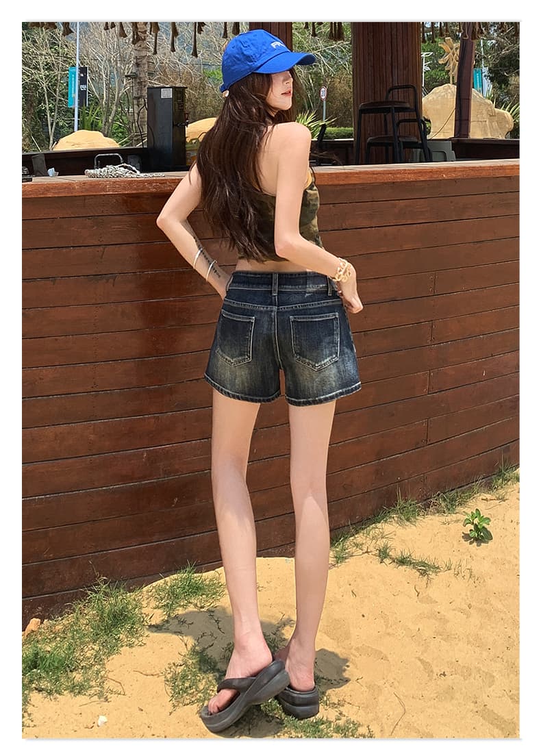 실사 아메리칸 핫걸 블루 회색 더블 버클 데님 반바지 여성 2026 여름 새로운 로우 웨이스트 슬림해 보이는 넓은 다리 핫 바지 상세 이미지 15