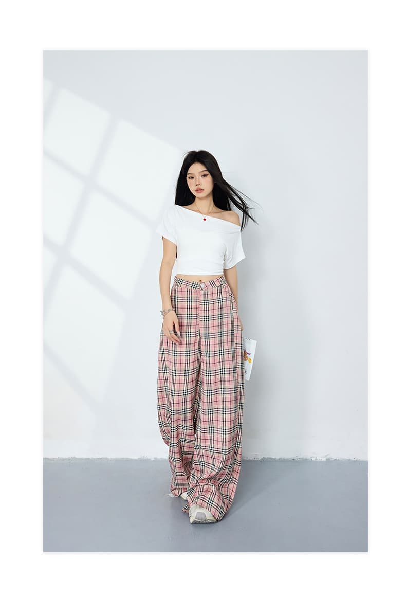 실사 아메리칸 레트로 하이웨이스트 루즈핏 와이드 레그 팬츠 체크무늬 도루 센스 봄 여름 새로운 다용도 스트레이트 캐주얼 바지 여성 상세 이미지 14