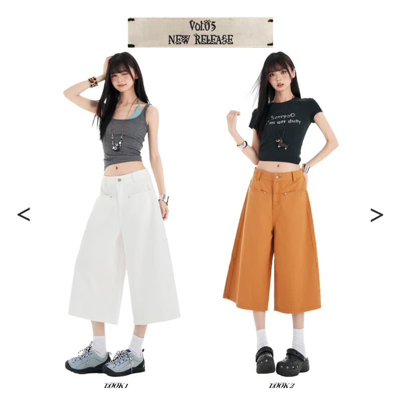 실사 아메리칸 레트로 이전 열기 가방 디자인 루즈핏 스트레이트 7 점 와이드 레깅스 바지 상세 이미지 3
