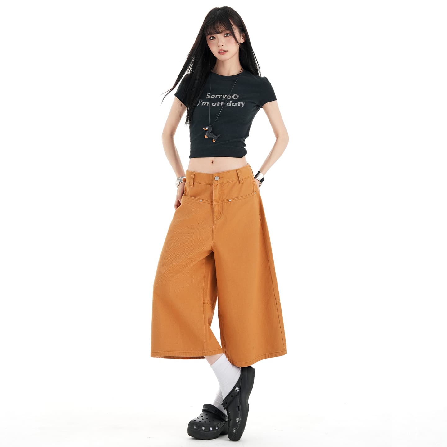 실사 아메리칸 레트로 이전 열기 가방 디자인 루즈핏 스트레이트 7 점 와이드 레깅스 바지 이미지 5