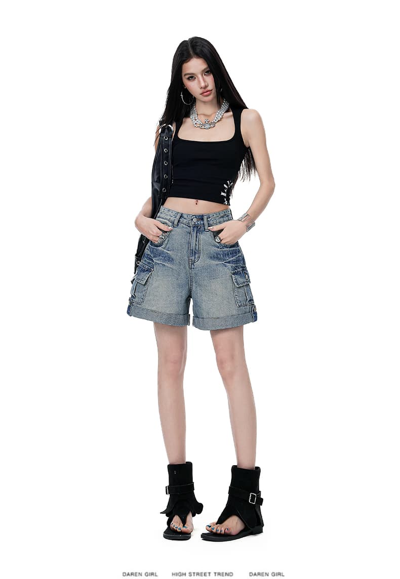 실사 워크웨어 바람 한 마디 데님 반바지 2026 여름 새로운 작은 키 디자인 센스 볼륨 측면 하이웨이스트 한 마디 핫 바지 상세 이미지 21
